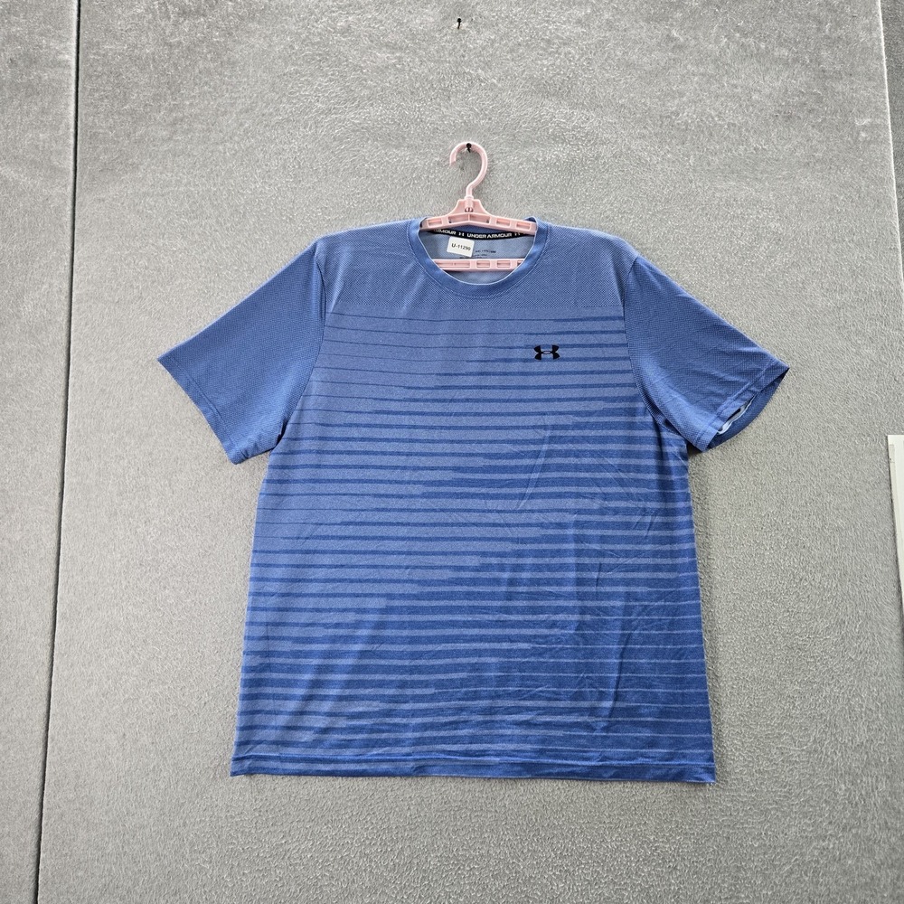 Under Armour Men Shirt XXL Blue‎ Striped Activewear Logo Fitted Short Sleeve